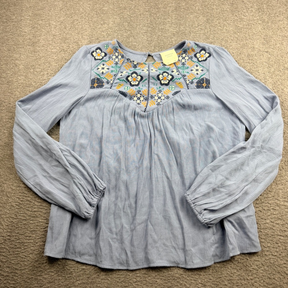 Harper Heritage Blouse Womens XS Blue Floral Embroidered Keyhole Long Sleeve Top
